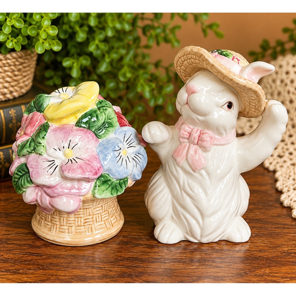 K&B Ceramic Easter Bunny and Flower Basket Salt and Pepper Shaker Set Vintage